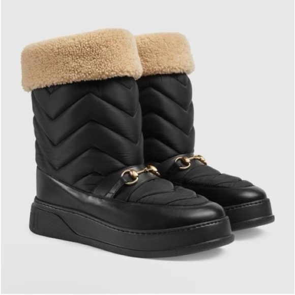 Gucci Horsebit Shearling-Trimmed Quilted Nylon and Leather Boots-Black - Picture 3 of 10